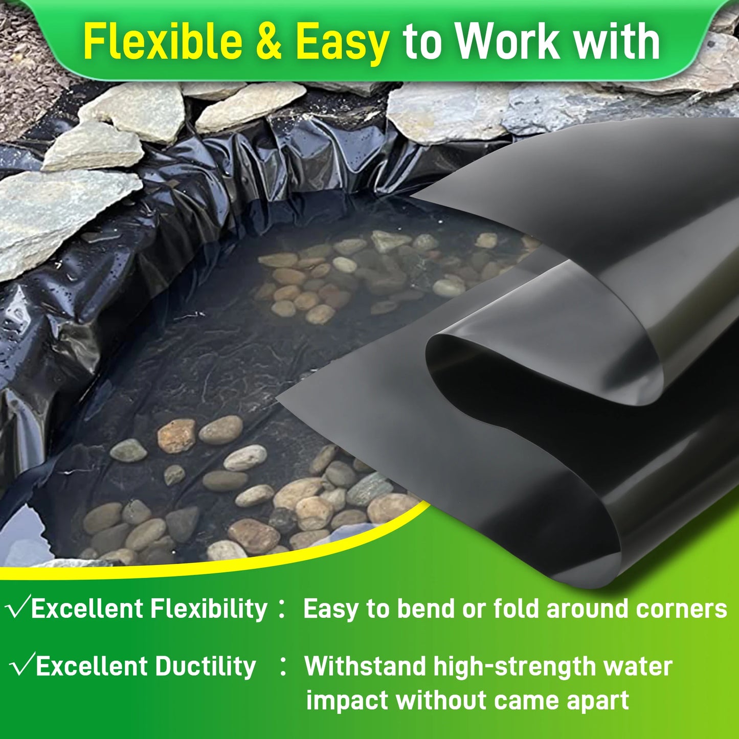 Pond Liner 20 x 20 Ft, HDPE Durable Pond Liners for Outdoor Ponds, Pond Liners for Fish, Koi, Water Garden, Waterfall, Fountain
