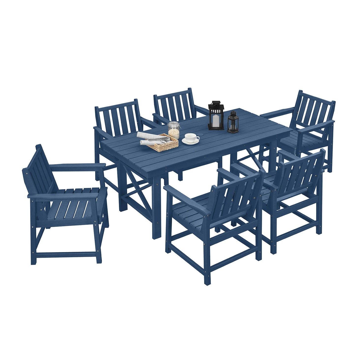SeeHill Navy HDPE Patio Dining Set, 7-Piece Outdoor Furniture Set with Table and Chairs, Weatherproof Design with Umbrella Hole