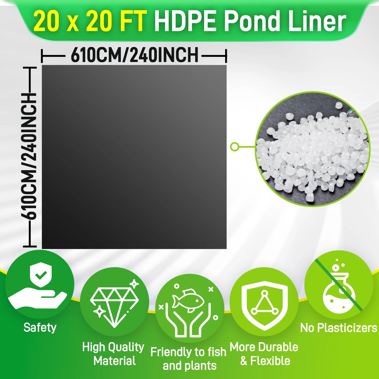 Pond Liner 20 x 20 Ft, HDPE Durable Pond Liners for Outdoor Ponds, Pond Liners for Fish, Koi, Water Garden, Waterfall, Fountain