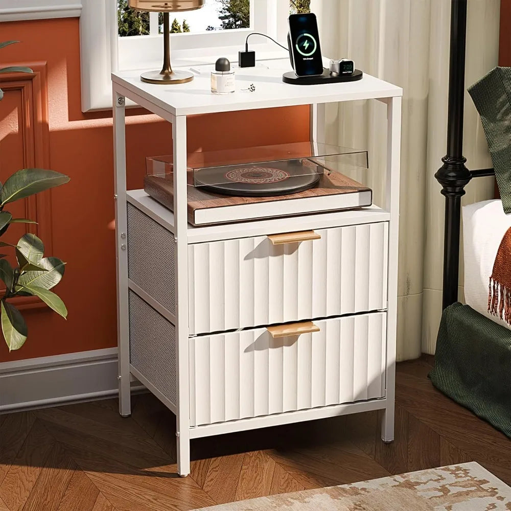 Black Nightstands Set of 2 with Fabric Drawers, Fluted Nightstands with Charging Station, Night Stand Set of 2, Small Bedside Ta