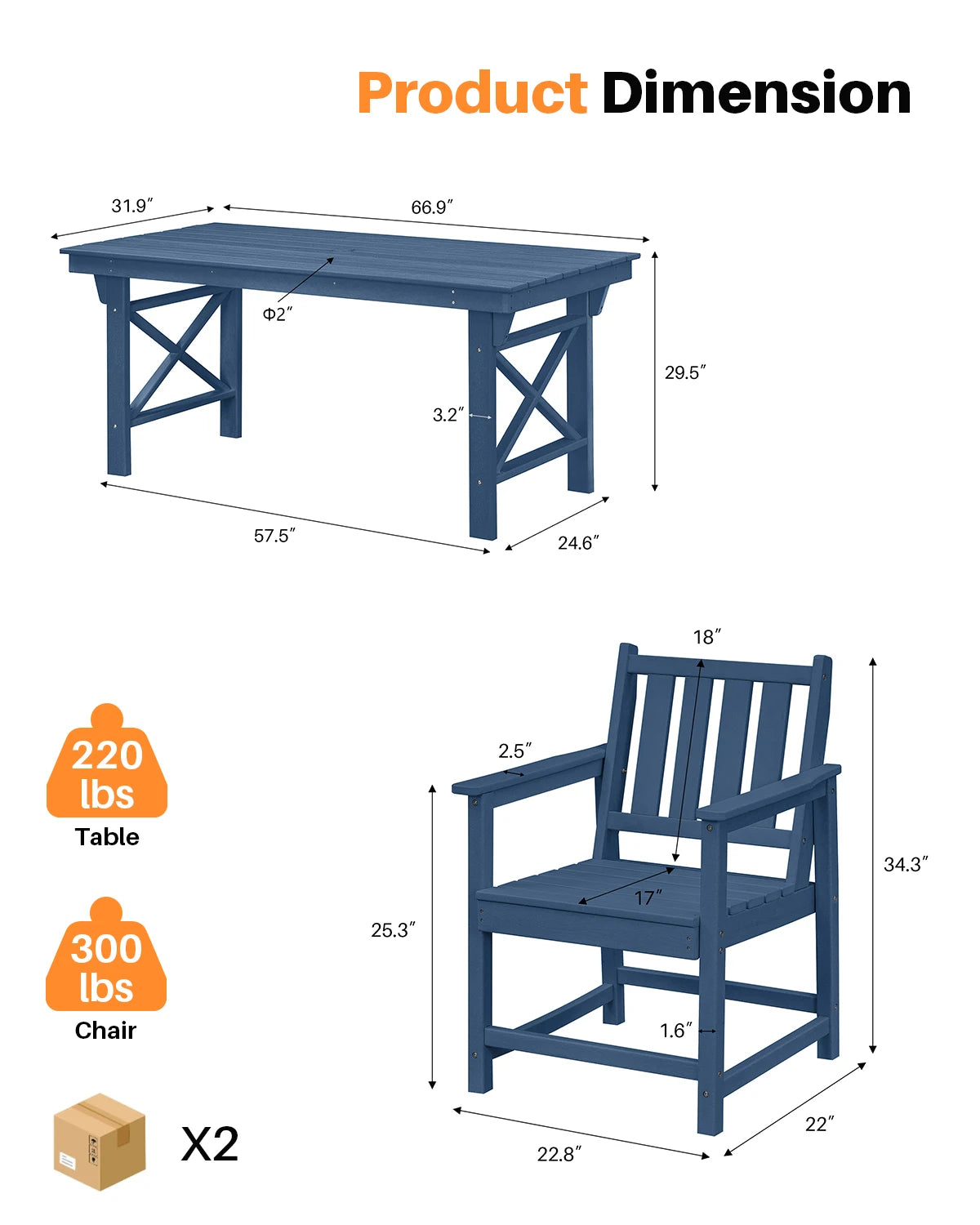 SeeHill Navy HDPE Patio Dining Set, 7-Piece Outdoor Furniture Set with Table and Chairs, Weatherproof Design with Umbrella Hole