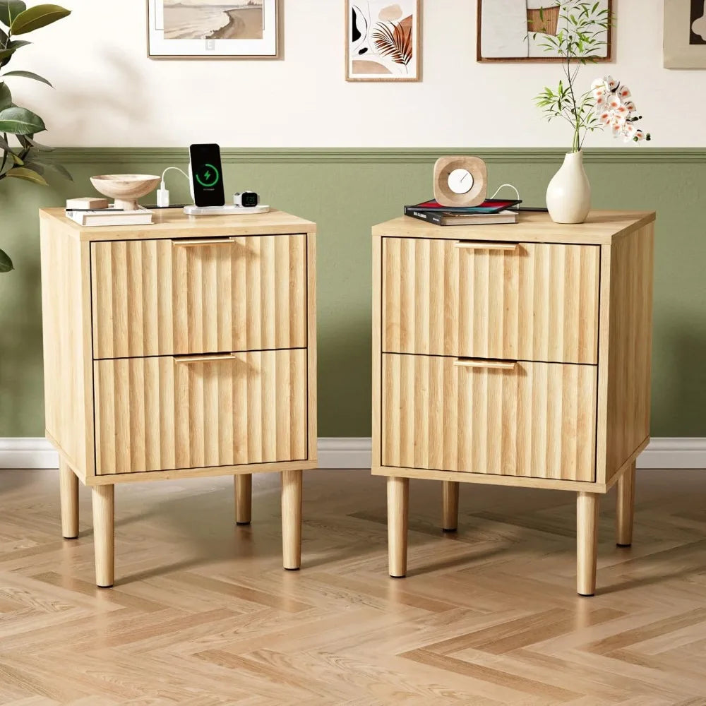 Black Nightstands Set of 2 with Fabric Drawers, Fluted Nightstands with Charging Station, Night Stand Set of 2, Small Bedside Ta
