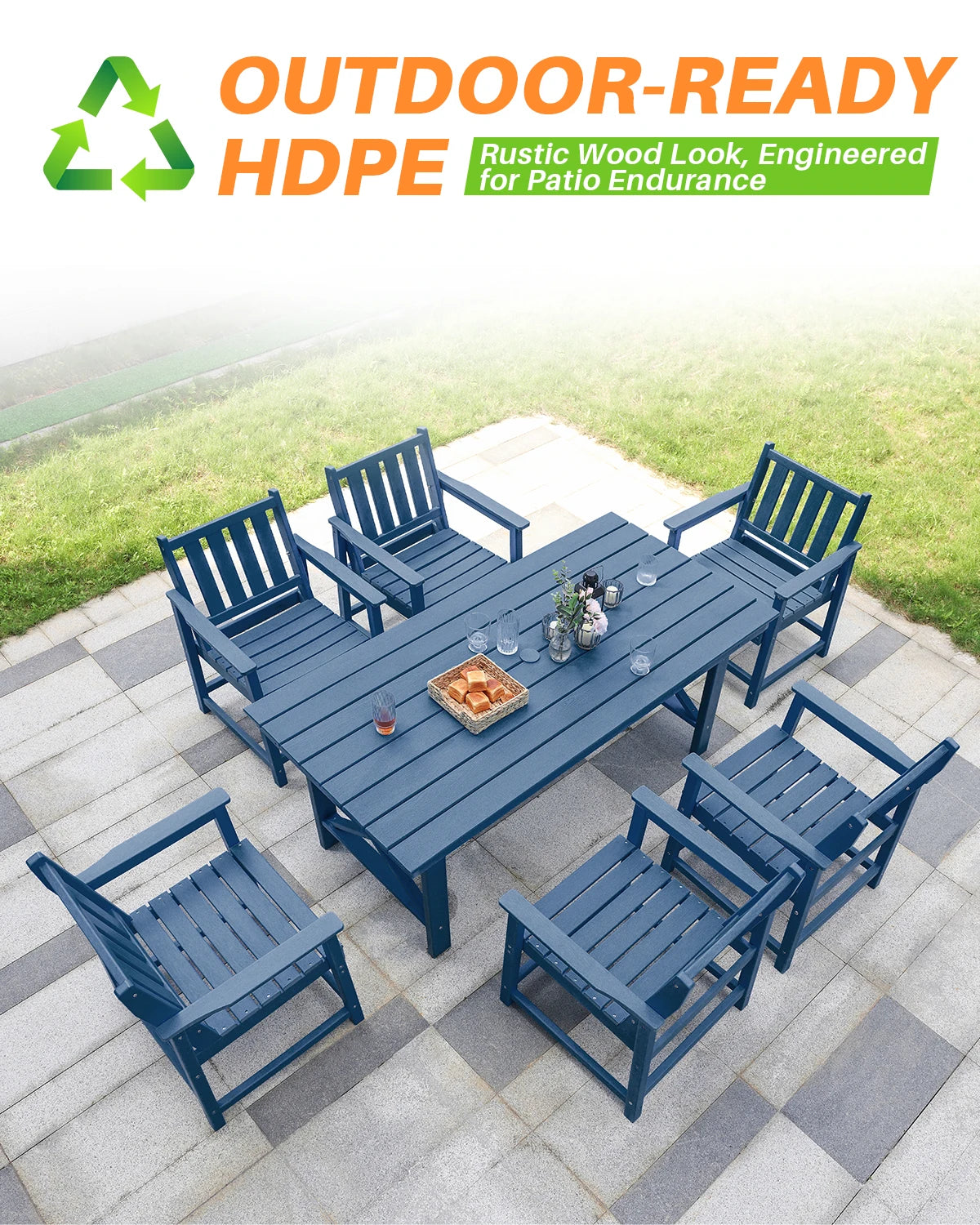 SeeHill Navy HDPE Patio Dining Set, 7-Piece Outdoor Furniture Set with Table and Chairs, Weatherproof Design with Umbrella Hole