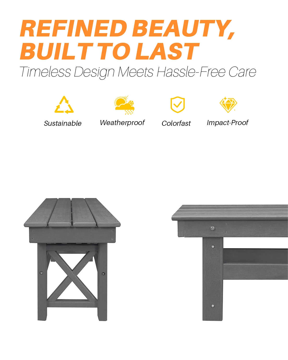 SeeHill Smoke Gray HDPE Patio Bench, 55" Poly Lumber Outdoor Bench, Durable Adirondack Style Garden Seat for Poolside or Deck