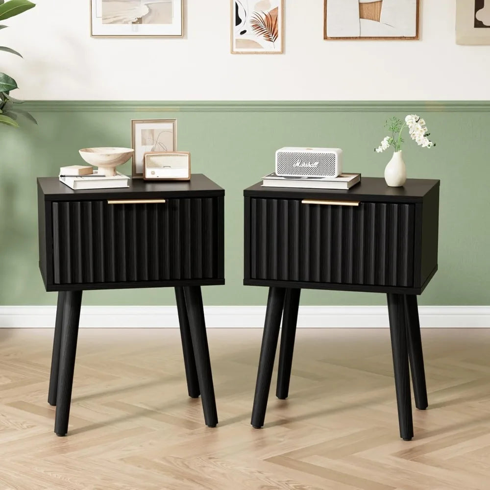 Black Nightstands Set of 2 with Fabric Drawers, Fluted Nightstands with Charging Station, Night Stand Set of 2, Small Bedside Ta