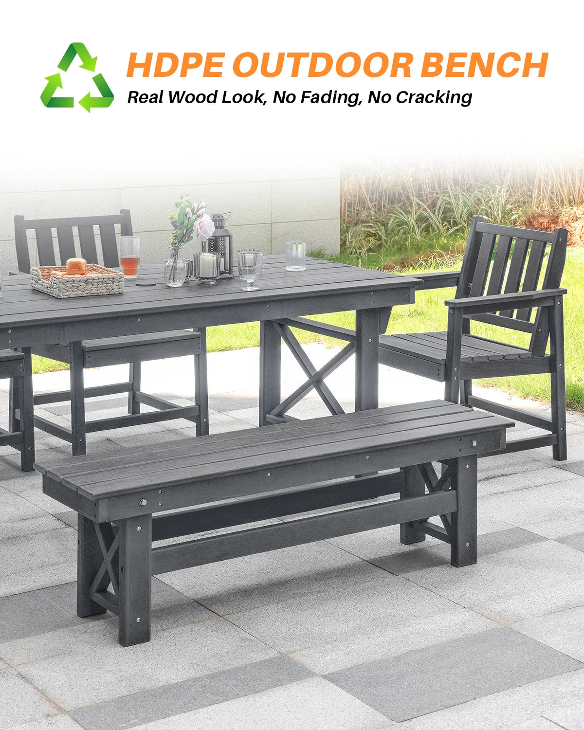 SeeHill Smoke Gray HDPE Patio Bench, 55" Poly Lumber Outdoor Bench, Durable Adirondack Style Garden Seat for Poolside or Deck