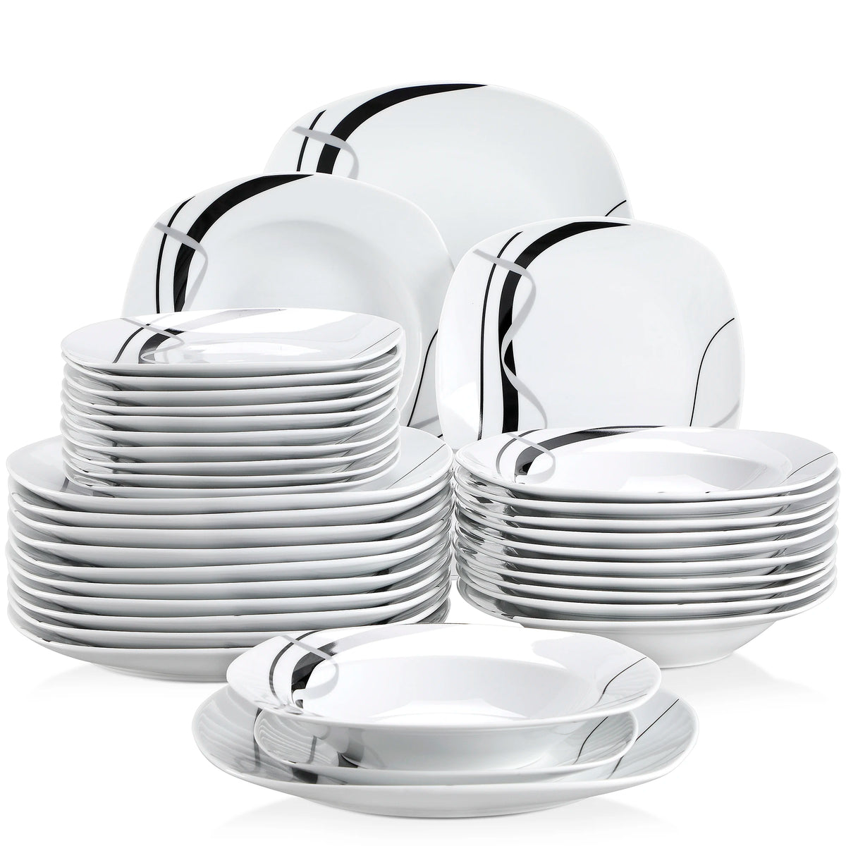 VEWEET FIONA 18/36-Piece Porcelain Ceramic Black Line Kitchen Tableware Dishes Plate Set with Dinner Plate,Dessert,Soup Plate