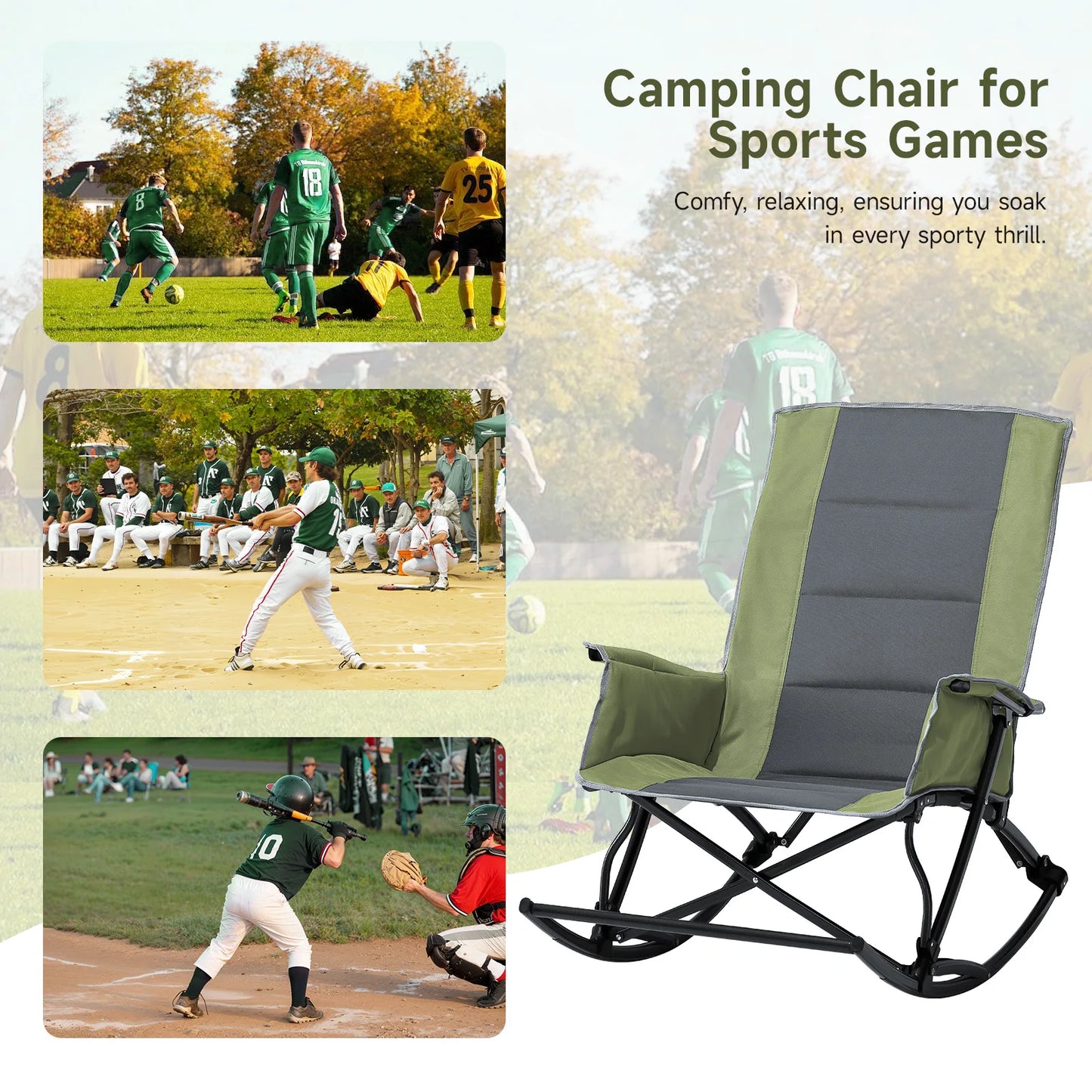 Rocking Camping Chair for Adults, Folding Outdoor Rocking Chair with Foot Rest, 330 lbs Capacity, Camp Chairs for Lawn