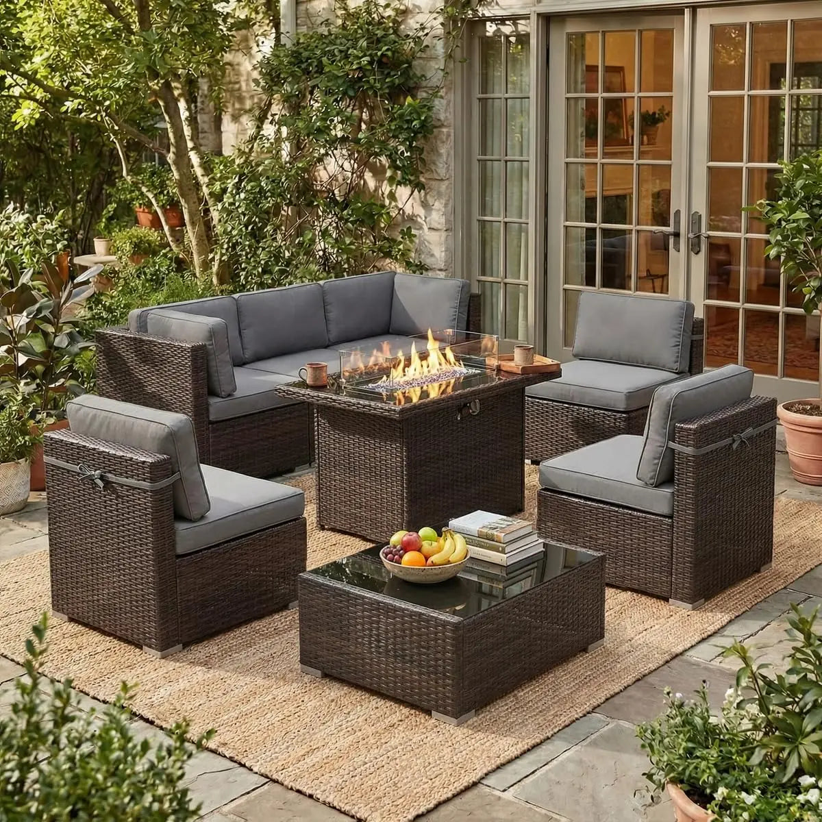 8 Piece Patio Furniture Set with Fire Pit Table, Outdoor Conversation Sets Wicker Rattan Sectional Sofa with Coffee, Custom