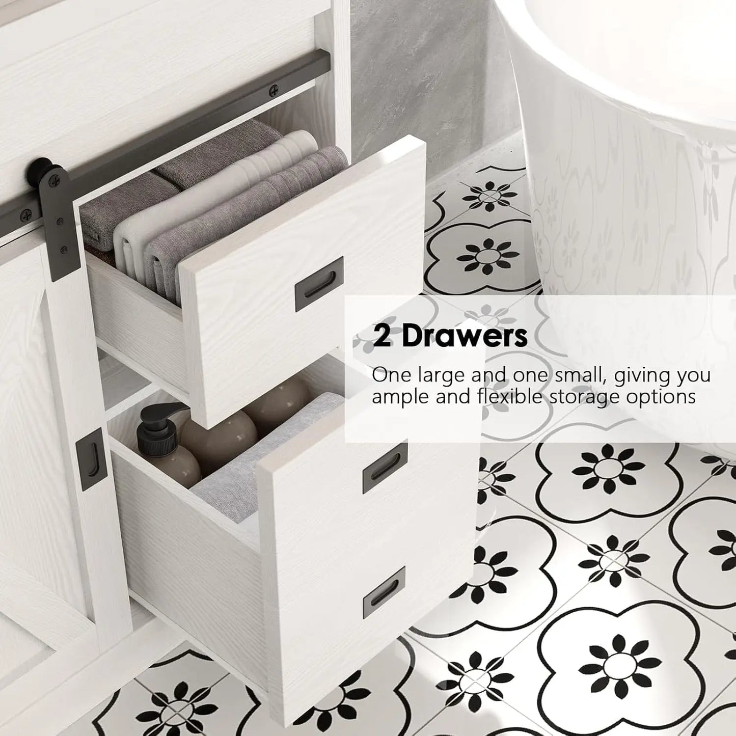 White Farmhouse Bathroom Vanity with Sink Small Vanity Cabinet Featuring 2 Drawers And Sliding Barn Door Customizable Design