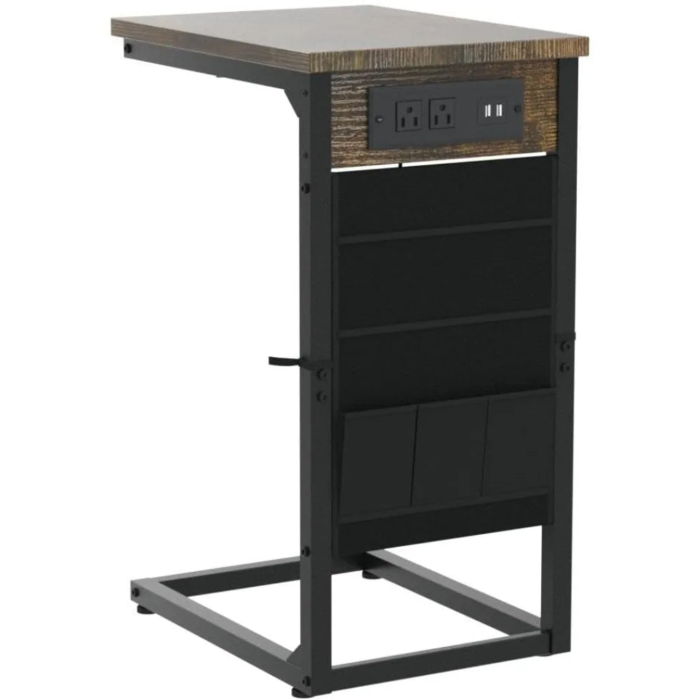 C Shaped End Table With Charging Station, TV Tray Set Of 2, Couch Tables With Storage Bag, Slide Under Sofa Side