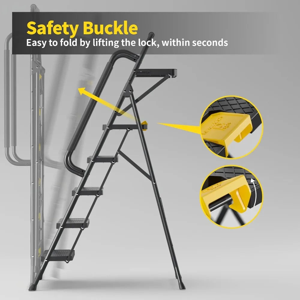 5 Step Ladder with Tool Platform, Folding Step Stool with Handrails, Sturdy Steel Ladder with Wide Pedal, 800 LBS Porta