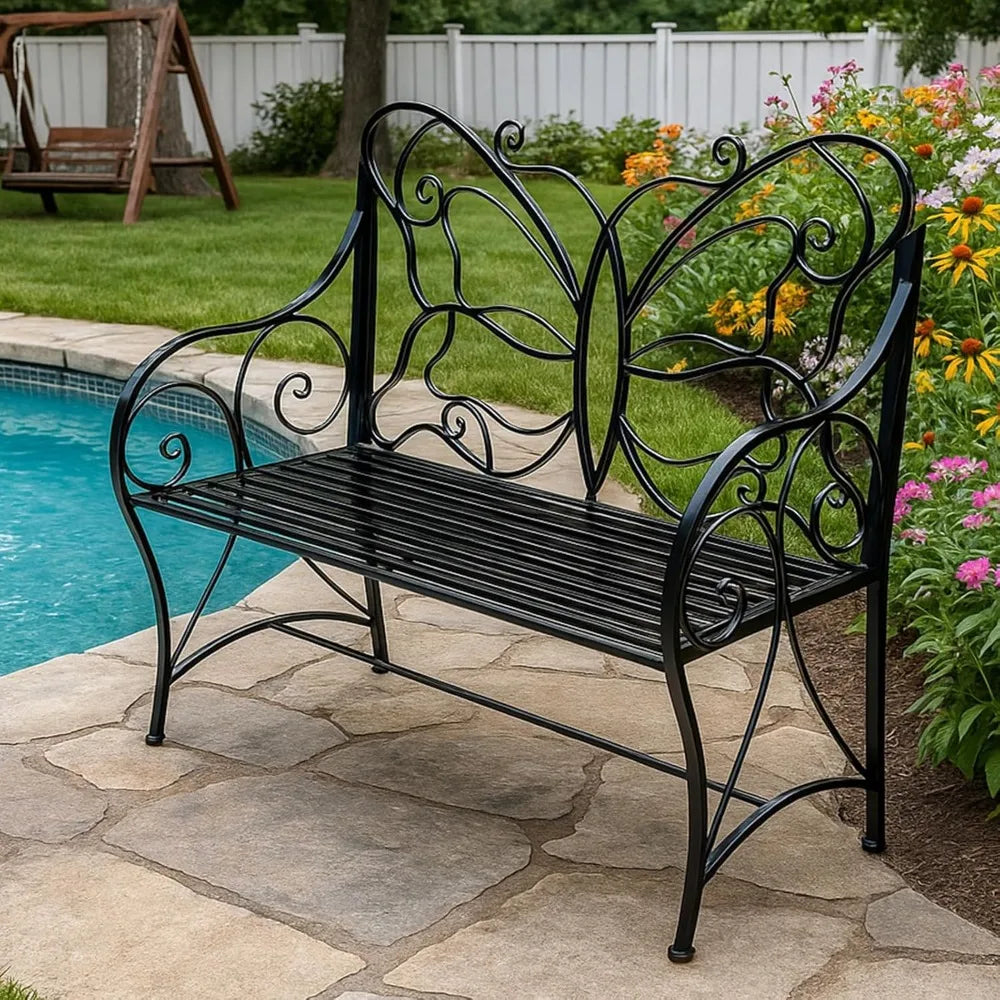 Outdoor Bench Weatherproof, Metal Antique Garden Bench Indoor/Outdoor, Double Seat with Decorative Butterfly Cast Iron Backrest