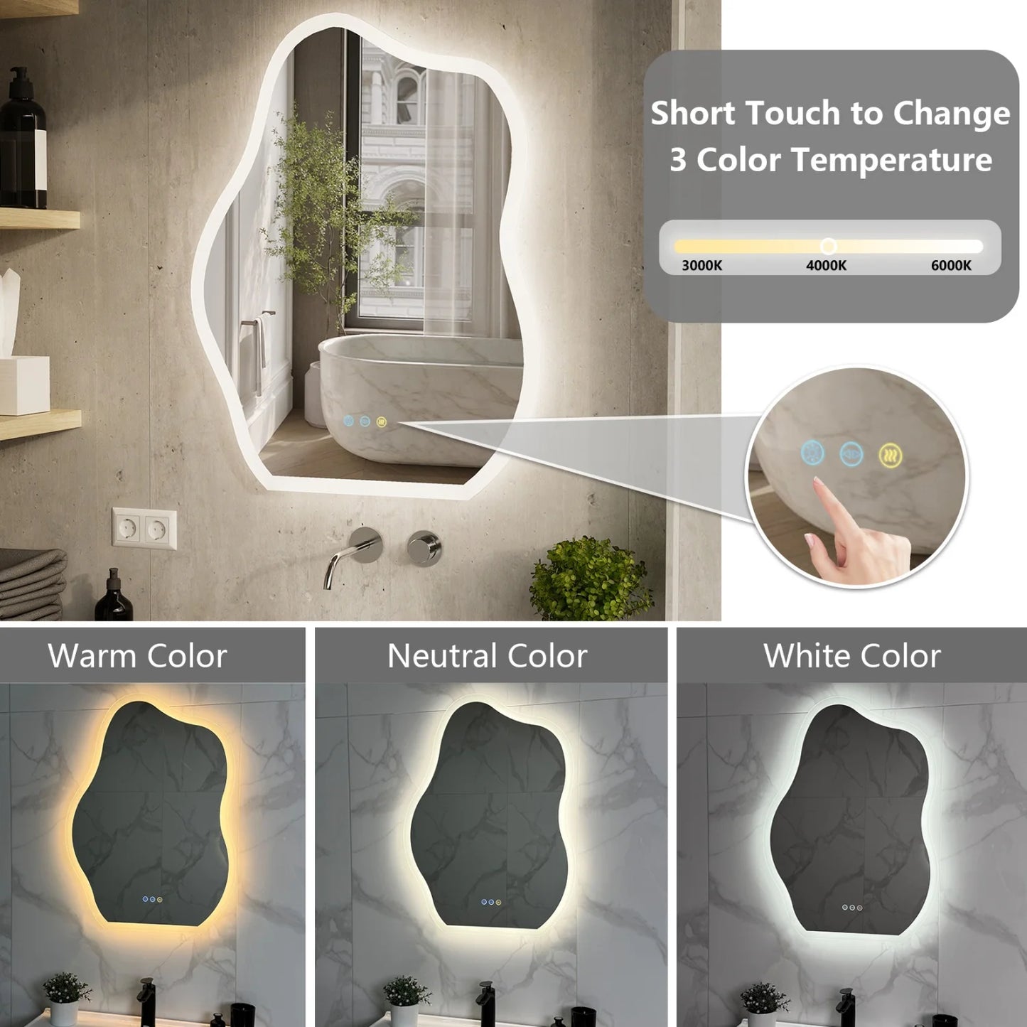 600x80CM Cloud-shape LED Bathroom Mirror with Backlight Dimmable LED Wall Vanity Mirror Touch Anti-fog, Adjustable 3 Colors