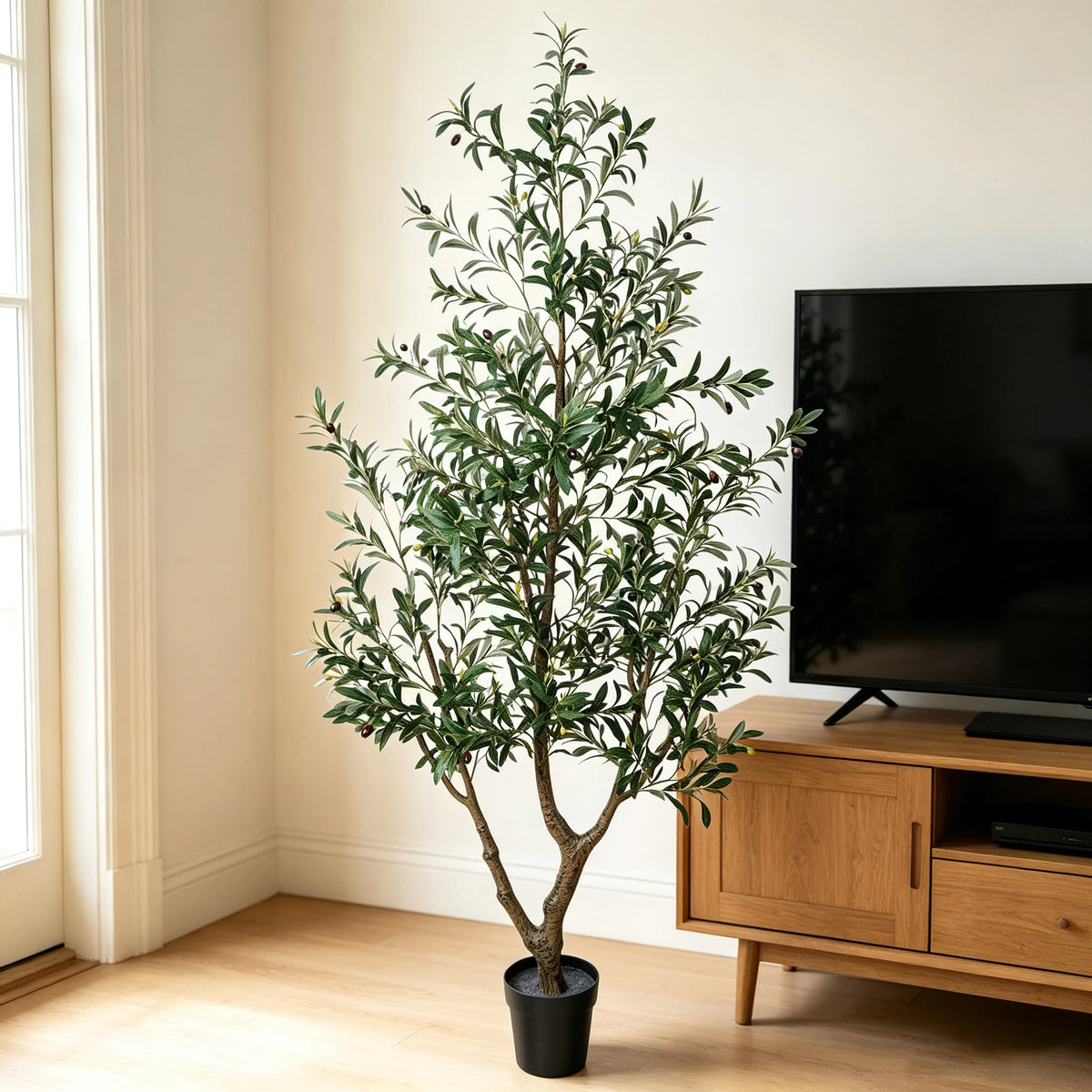 1.5/1.8/2.1m Artificial Olive Tree PE Real Touch Faux Olive Tree with Black Pot Outdoor Indoor Artificial Plants with Natural Wood Trunk and Lifelike Fruits for Home Office Decor