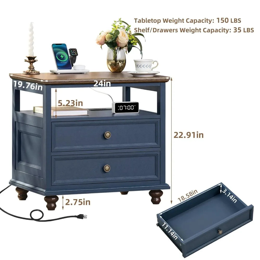 24" Wide Farmhouse Wood Nightstand Charging Station 2 Drawers Bedroom End Table, Custom
