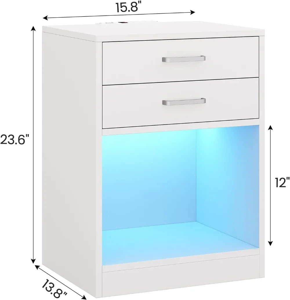 Modern LED Nightstand Set of 2 with Charging Station, USB Ports & Drawers, White Bedside Table for Bedroom Living Room