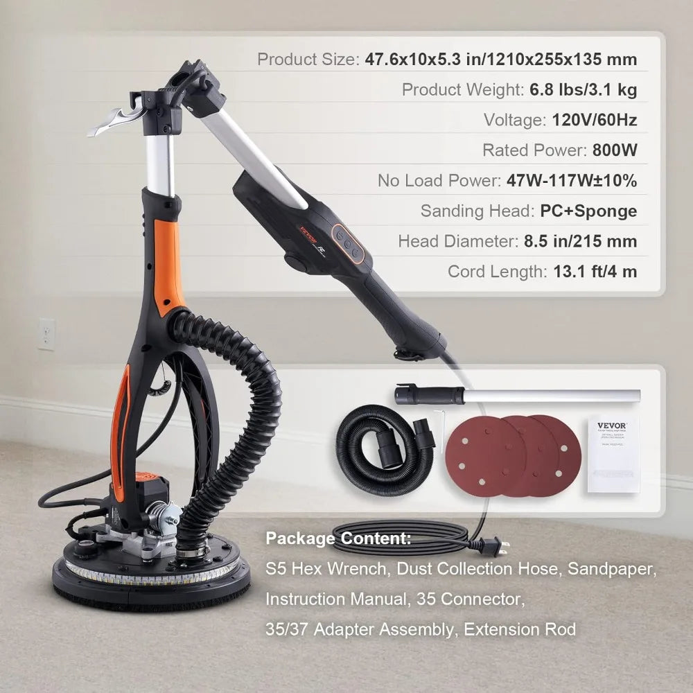 Electric Drywall Sander, 800W Brushless Motor, Variable Speed 1000-2300 RPM, Foldable with LED Lights and Extendable Handle
