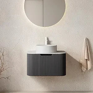 24 Inch Solid Wood Texture Floating Bathroom Vanity with Sink, Modern Wall-Mounted Striped Bathroom Storage Cabinet with White C