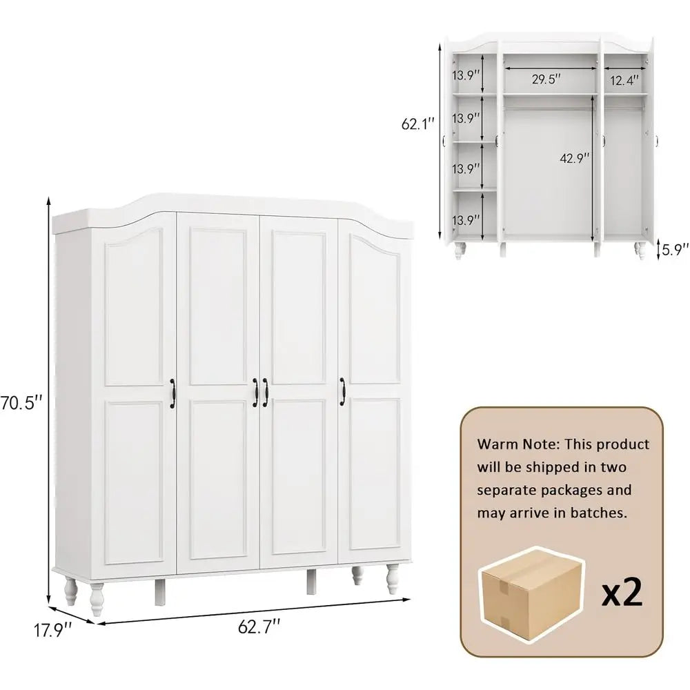 71 High Wooden Armoire Wardrobe with 4 Doors, 2 Hanging Rods, and 8 Shelves for Bedroom or Cloakroom, White