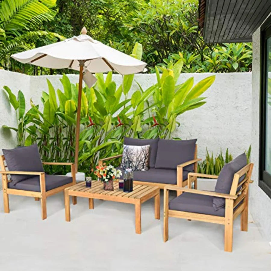 Outdoor 4-Piece Acacia Wood Chat Set 4 Seater Acacia Wood Conversation Sofa and Table Set with Waterproof Furniture Co