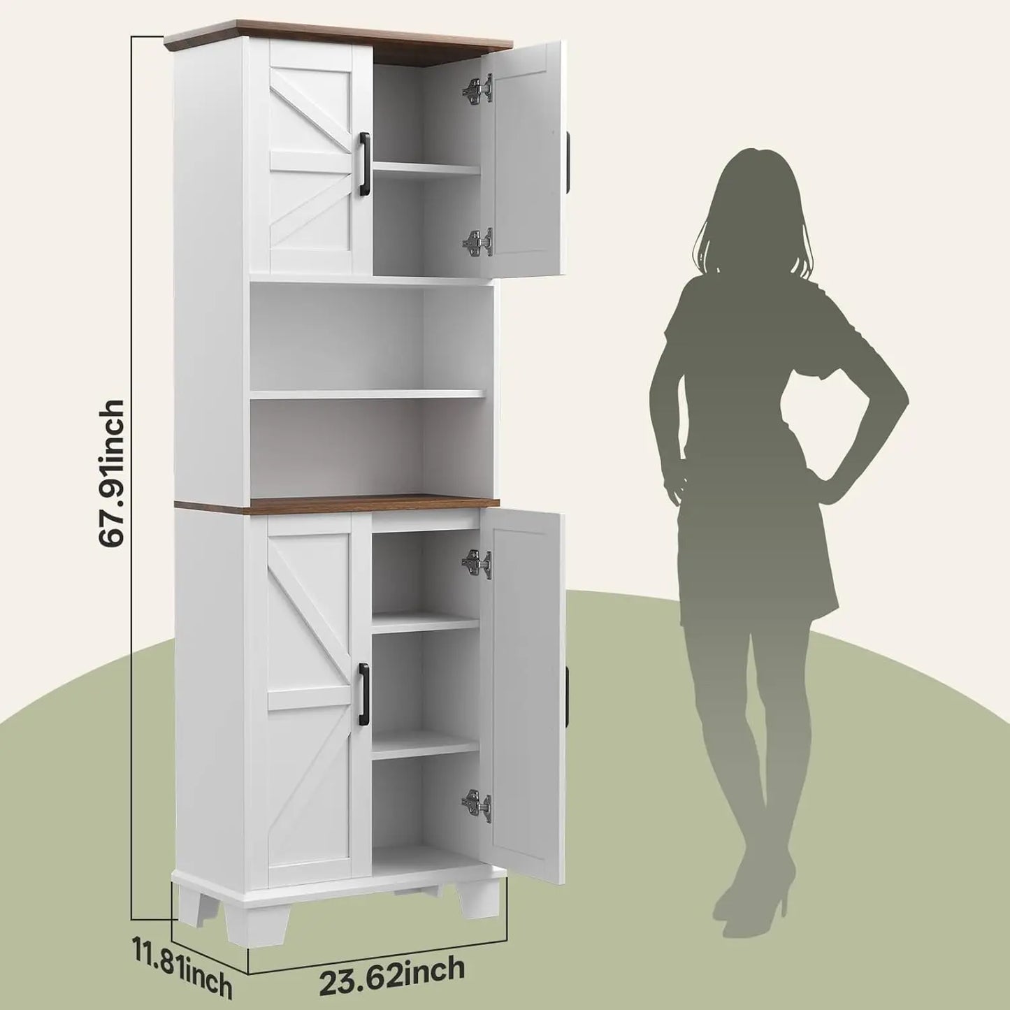 67.9 Tall Storage Cabinet 7 Adjustable Shelves Barn Door Pantry Cupboard Kitchen Bathroom Living Dining Room, Customized