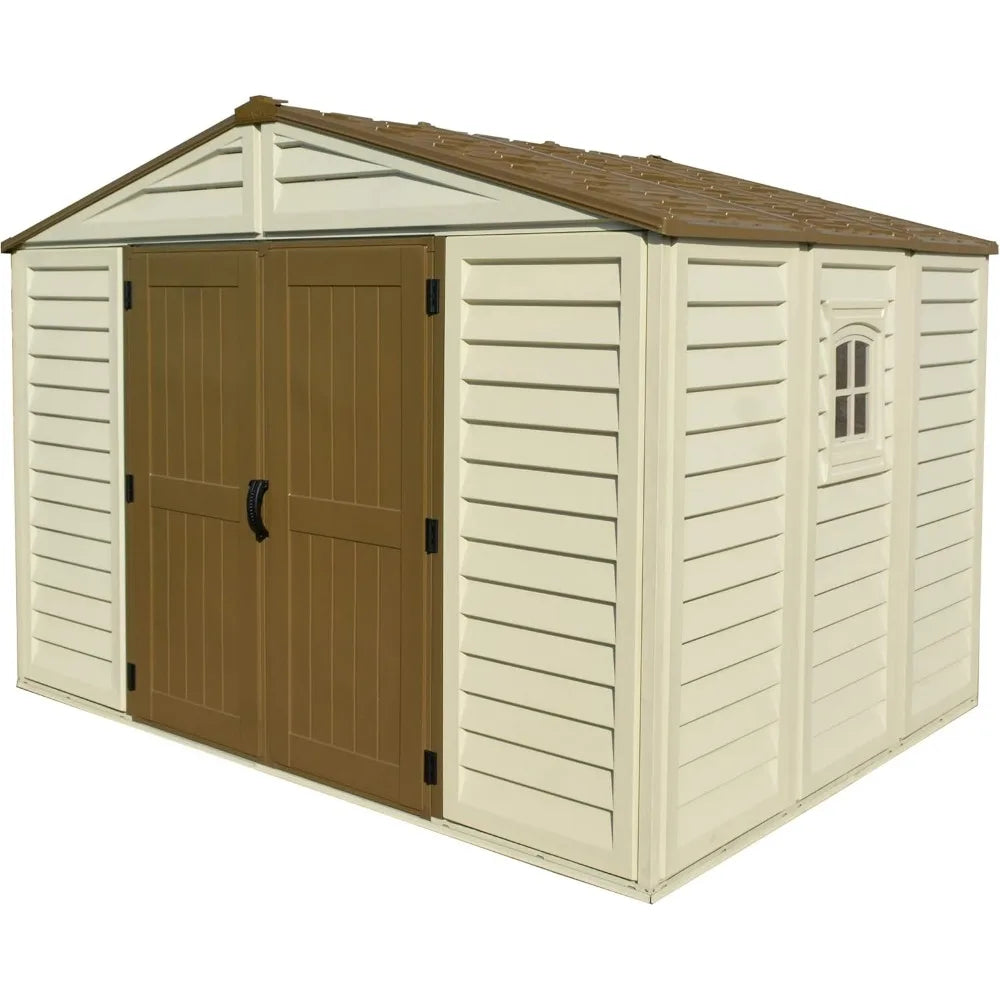 Duramax Woodbridge Plus 10.5 x 8 (8.02 m2) Plastic Garden Shed with 1 Fixed Window & Metal Foundation Kit, Strong Metal Roof Str