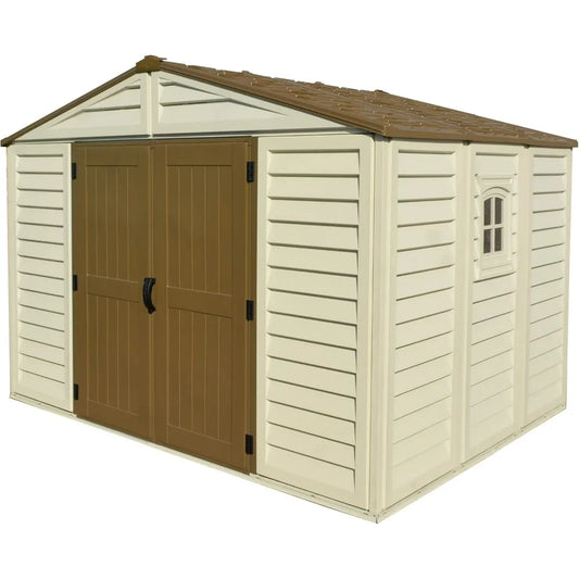 Duramax Woodbridge Plus 10.5 x 8 (8.02 m2) Plastic Garden Shed with 1 Fixed Window & Metal Foundation Kit, Strong Metal Roof Str