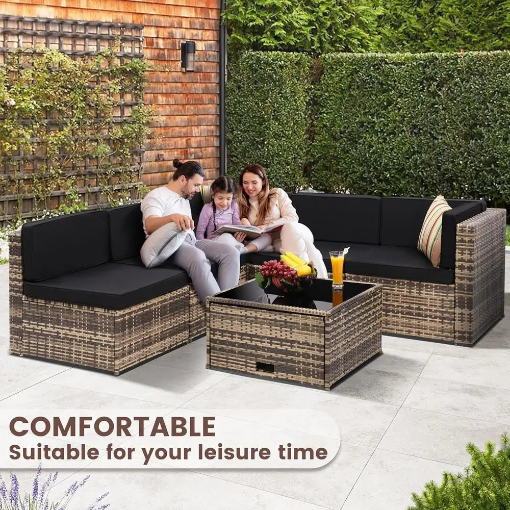 8-Piece Patio urniture Set, Outdoor Wicker Rattan Sectional with Thick Cushions, Glass Top Table with Hidden Storage, Outdoor Co
