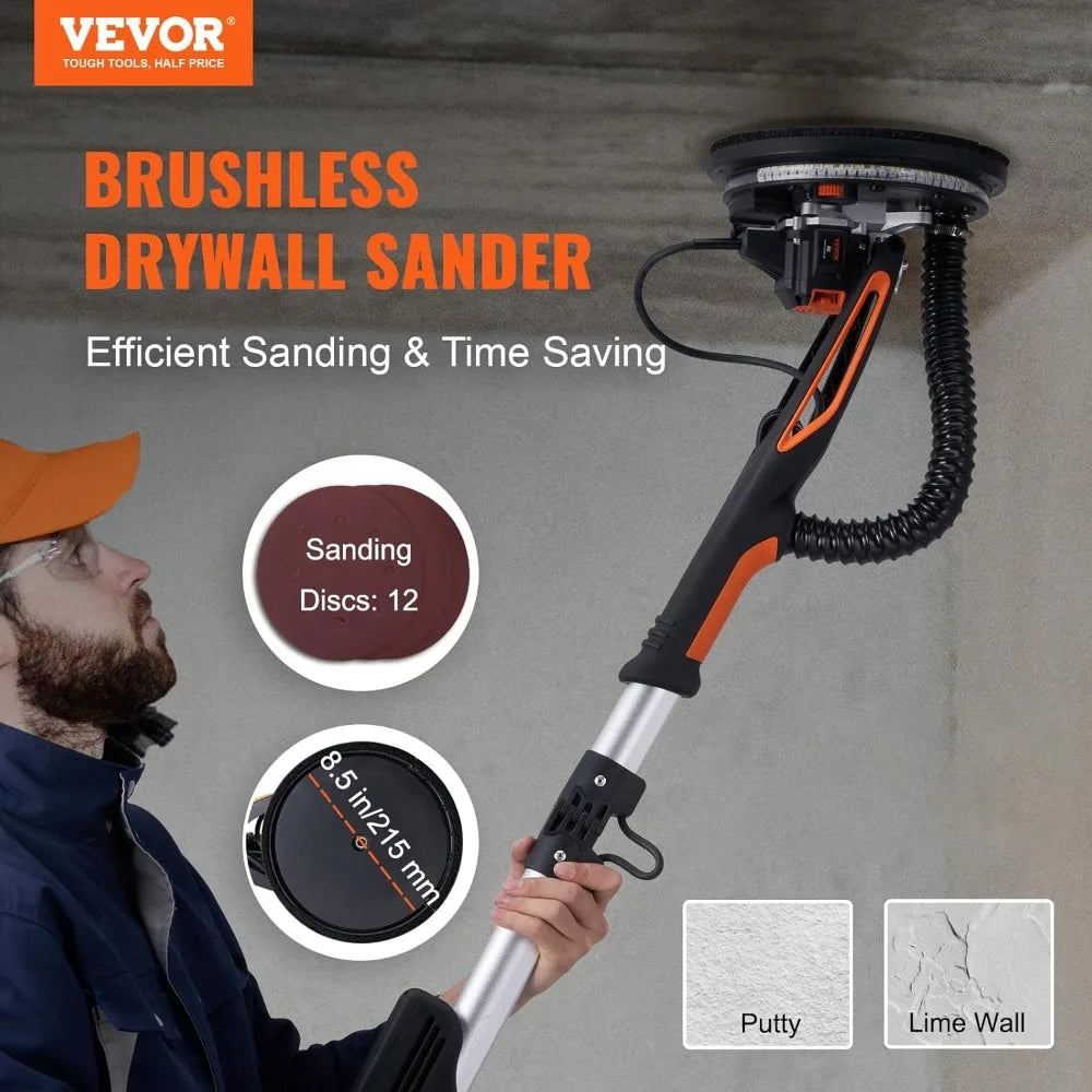Electric Drywall Sander, 800W Brushless Motor, Variable Speed 1000-2300 RPM, Foldable with LED Lights and Extendable Handle