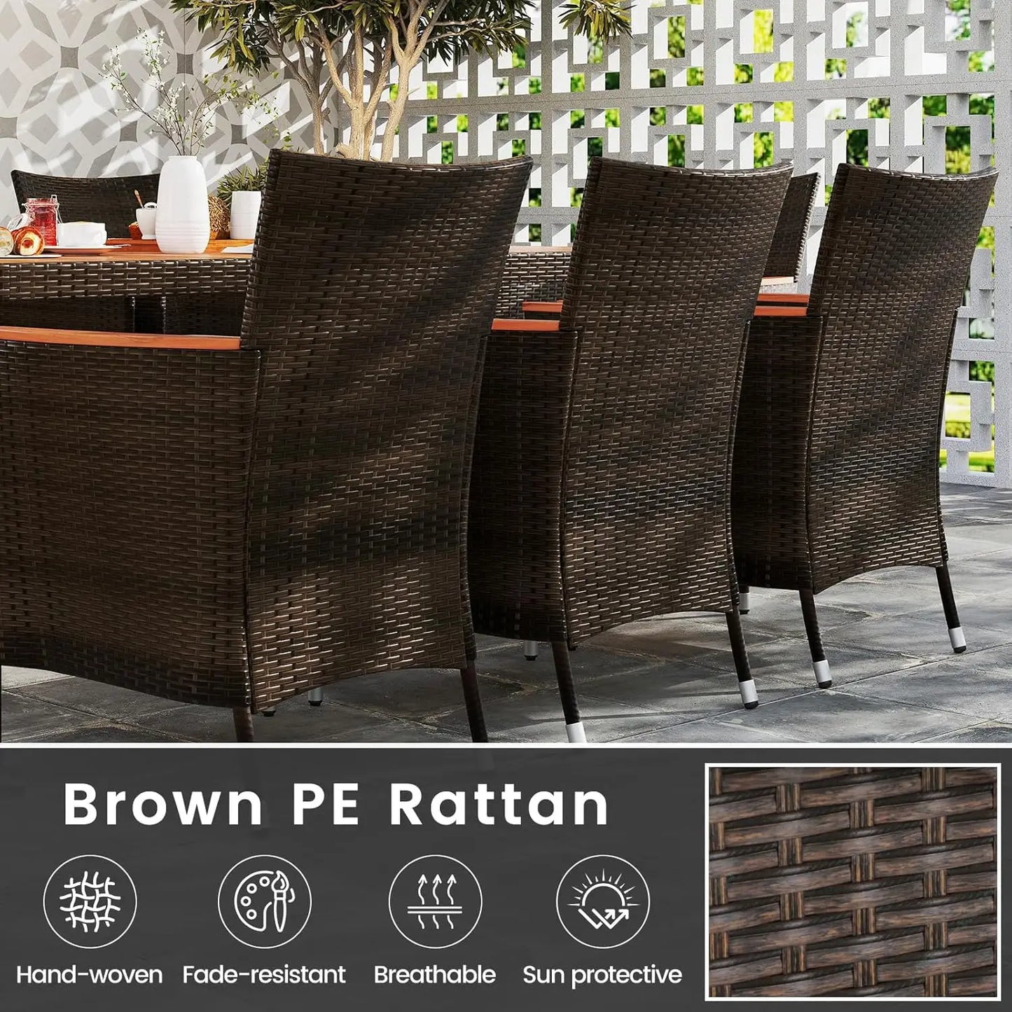 75"x36" Acacia Wood Patio Dining Table Set with PE Rattan Chairs Umbrella Hole Deck Backyard Customized