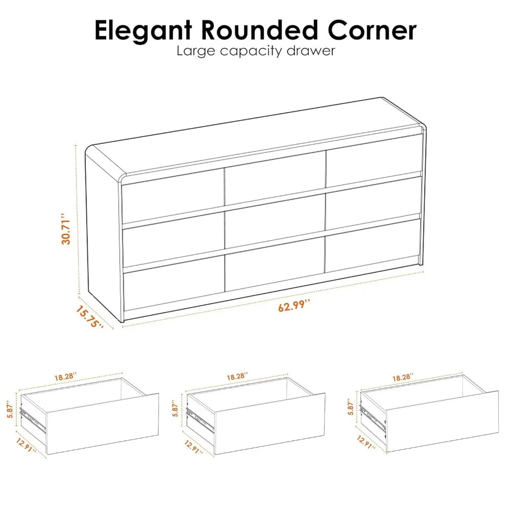 9 Drawer Dresser 63" Wide Curved Anti-Collision Anti-Tipping Mid Century Modern Wood Bedroom Living Room TV Stand, Custom