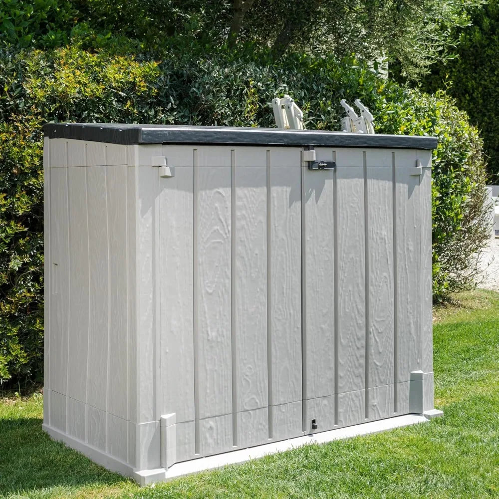 All Weather Outdoor XL Horizontal Storage Shed Cabinet for Trash Can, Garden Tools, and Yard Equipment, Taupe, Custom
