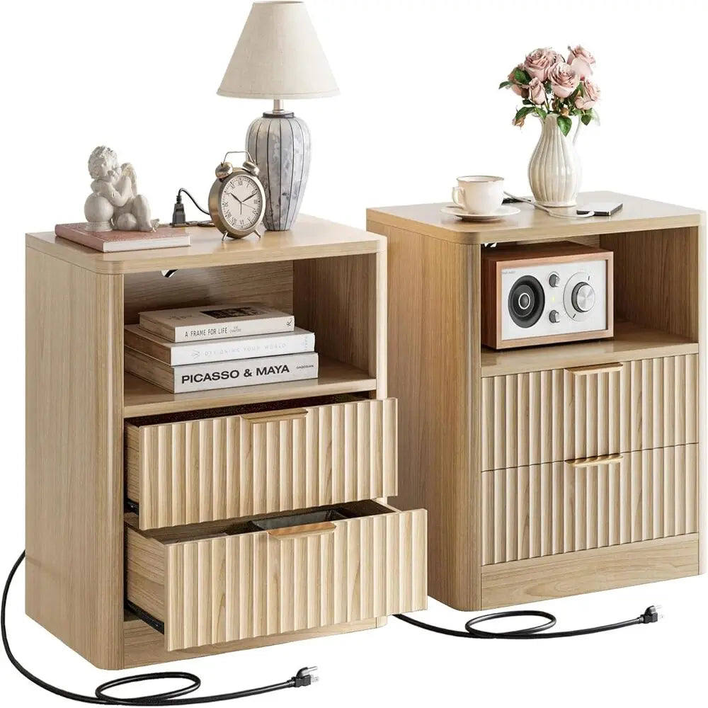 IRONCK Fluted Night Stand Set of 2, Modern Nightstand with Charging Station, Drawers and Open Shelves-Bedside Table for Bedroom