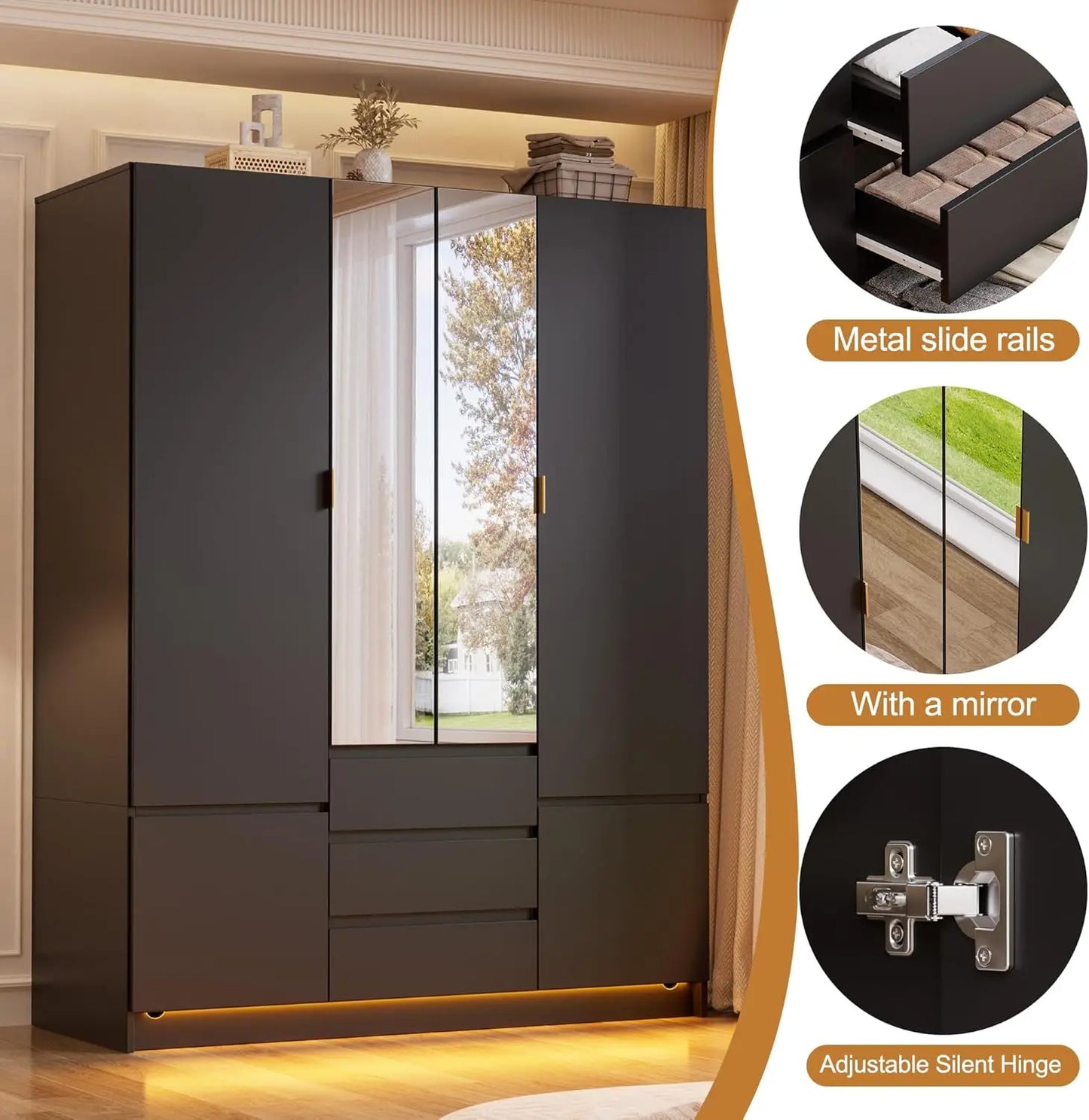 Wardrobe Closet with Led Light & Mirror, Bedroom Large Capacity Freestanding Armoire Wardrobe with Draw