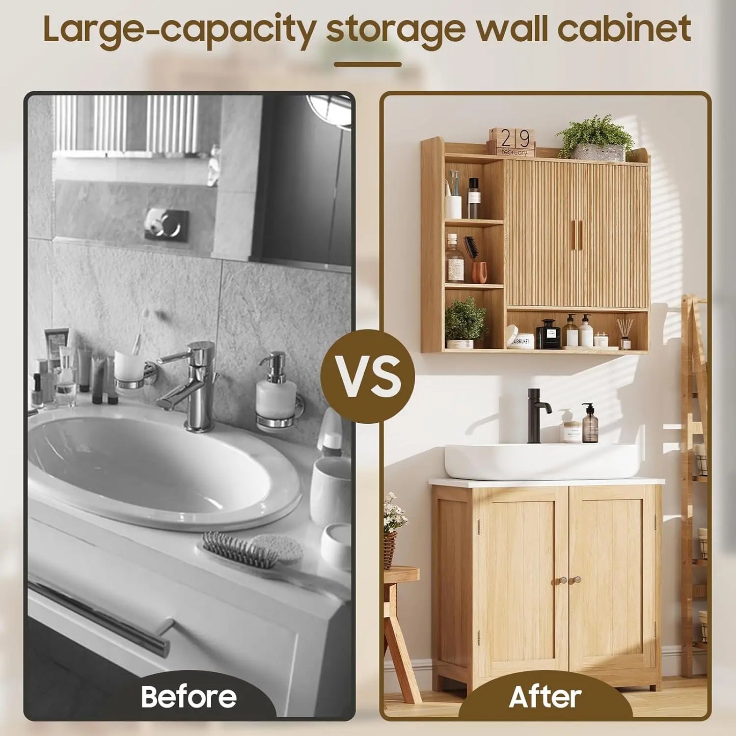 Fluted Bathroom Wall Cabinet, Wooden Medicine Cabinet Organizer with 2 Doors and Adjustable Shelf, Over The Toilet, Customized