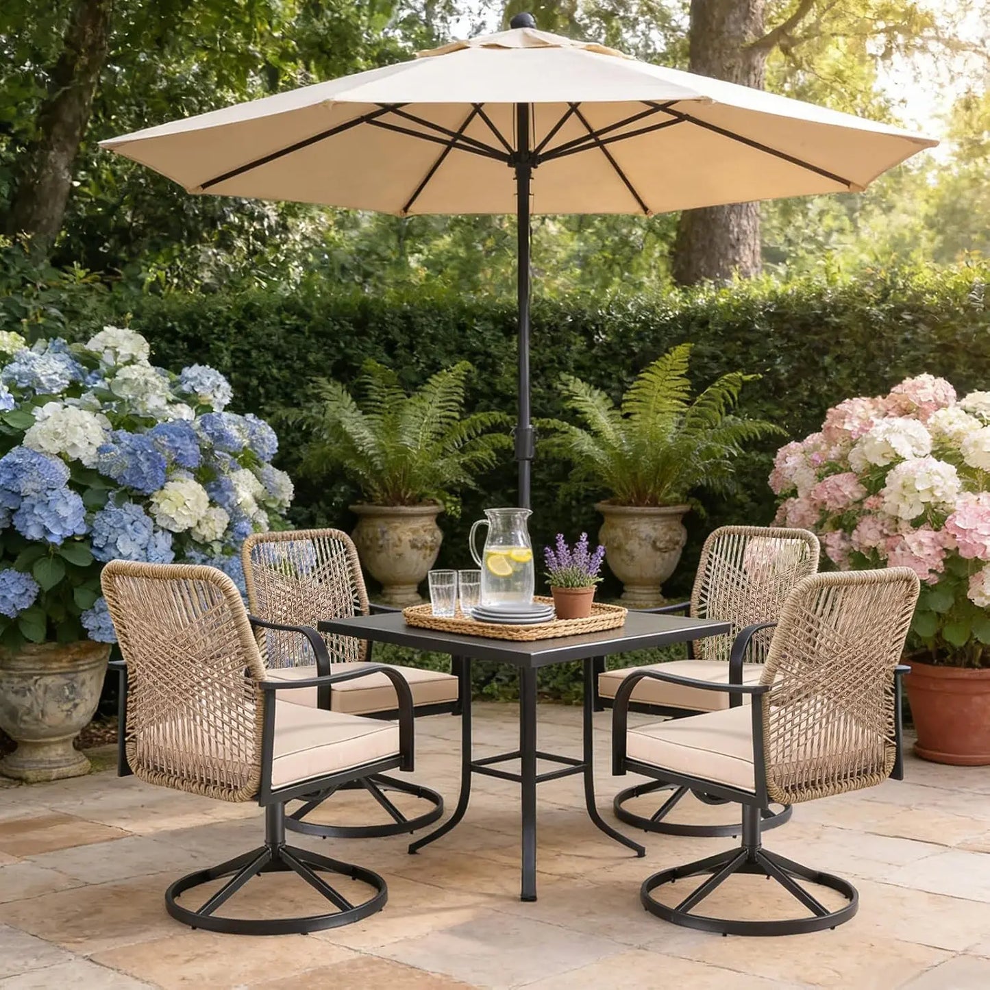 Patio Swivel Dining Chairs Set 4 Wicker Metal Cushioned Gentle Rocker Outdoor Backyard Lawn Garden Deck Porch, Custom