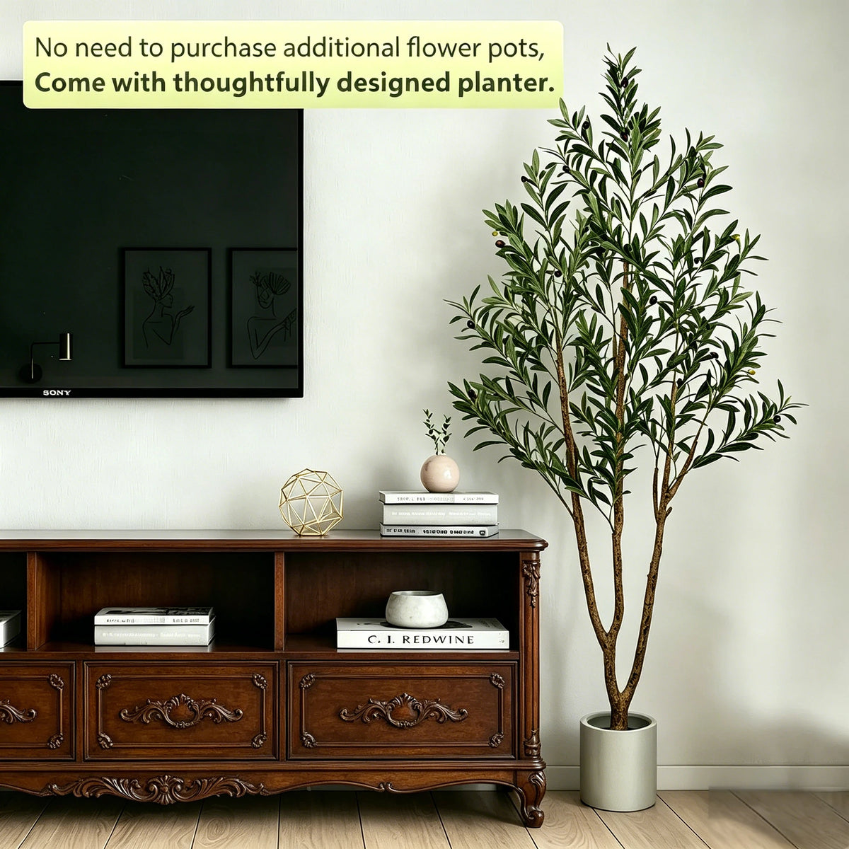 5/6/7ft Olive Trees Artificial Indoor Outdoor Faux Olive Tree with White Tall Planter, Artificial Plants with Natural Wood Trunk and Lifelike Fruits for Home Office Decor