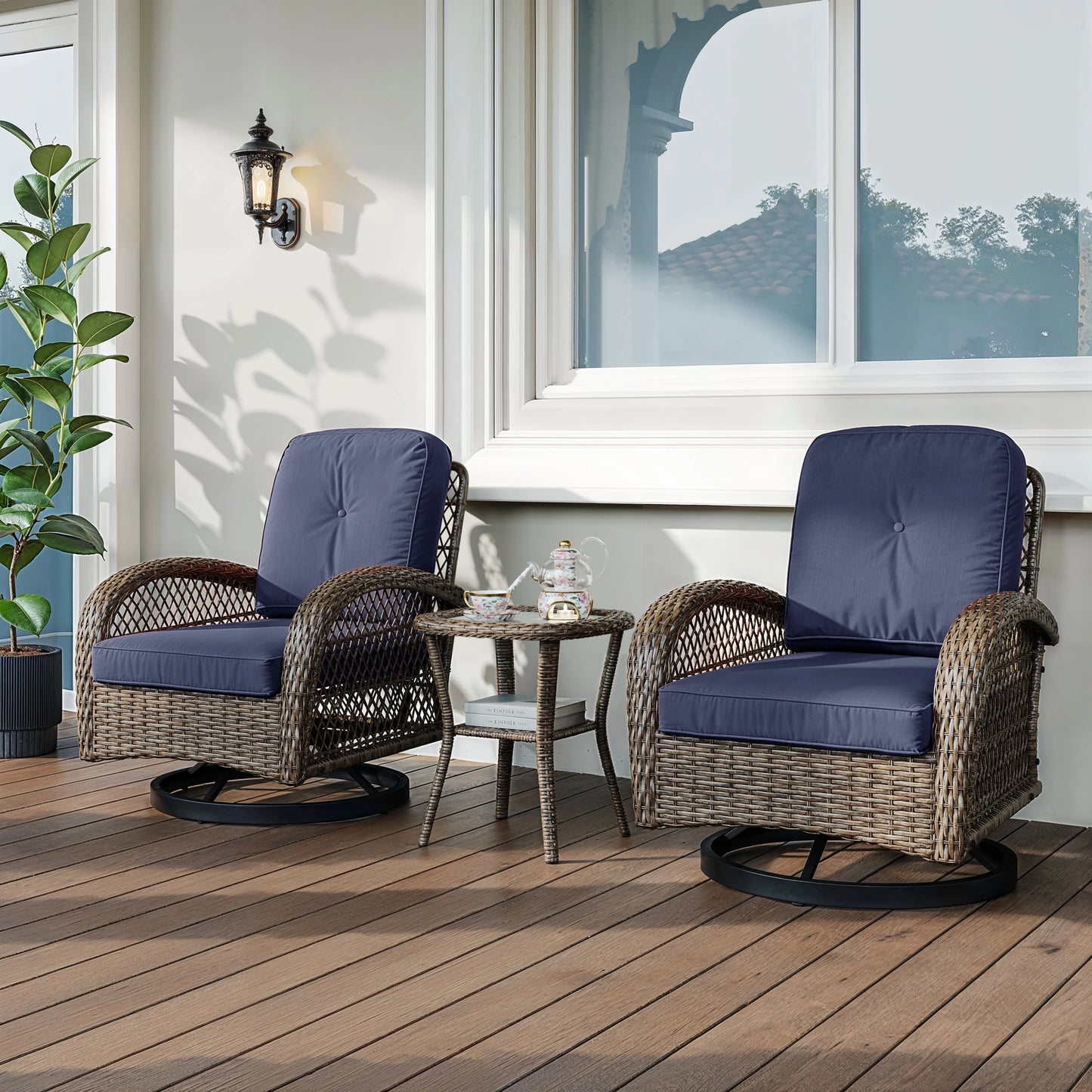 HOOMIC 3 Pieces Patio Furniture Set, Patio Bistro Set, Outdoor Rotating Rocking Chair Set, Cozy and Padded Cushions Alleiwe