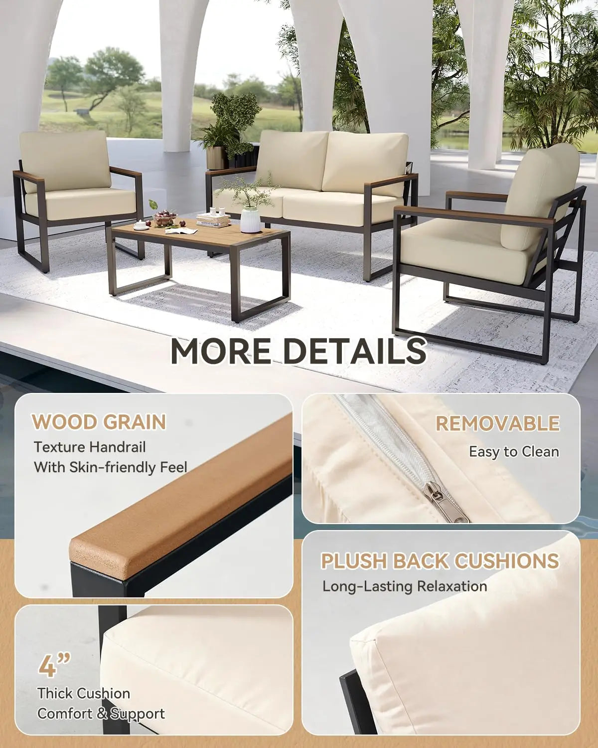 4 Piece Modern Metal Outdoor Patio Furniture Set with Thick Cushions for Conversation, Custom
