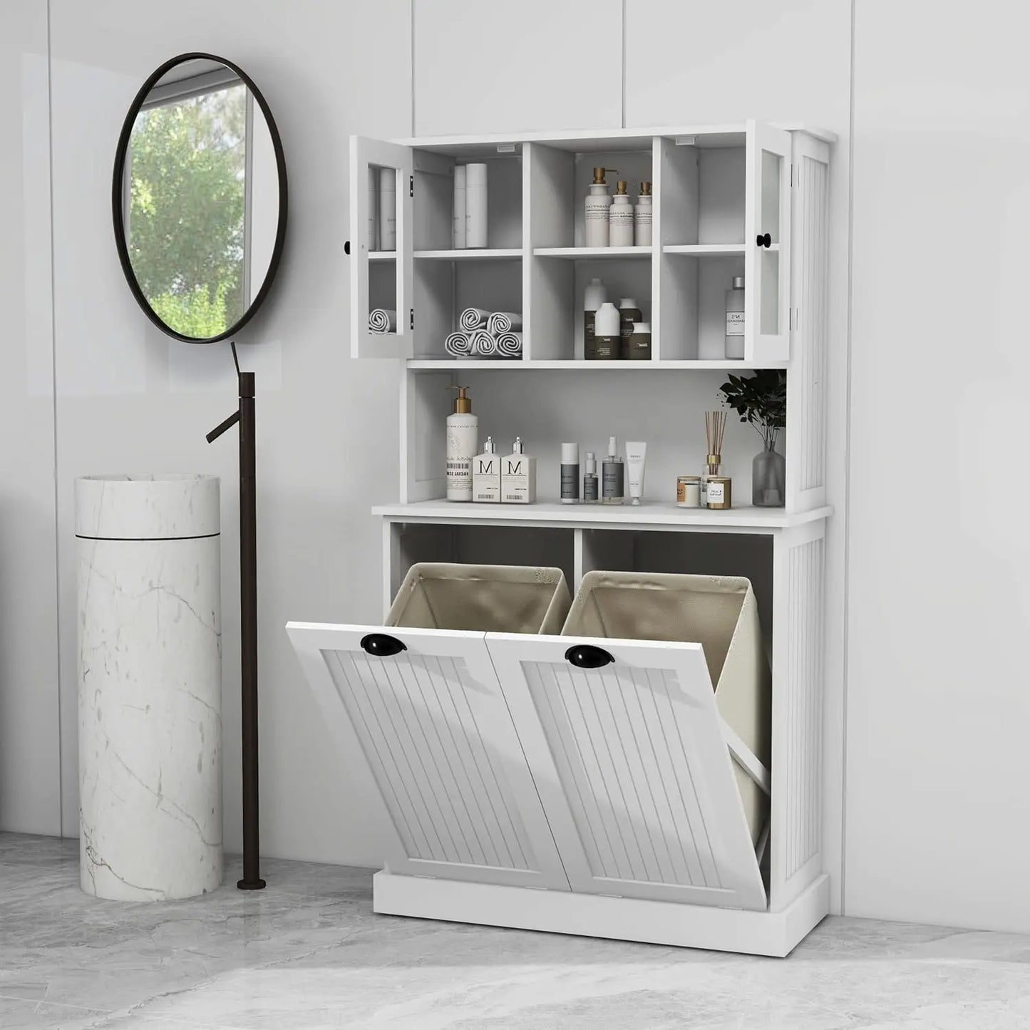 Tilt-Out Double Hamper Laundry Cabinet Pull-Out Storage Bathroom Hidden Glass Doors White 26Gal Customized