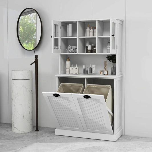 Tilt-Out Double Hamper Laundry Cabinet Pull-Out Storage Bathroom Hidden Glass Doors White 26Gal Customized