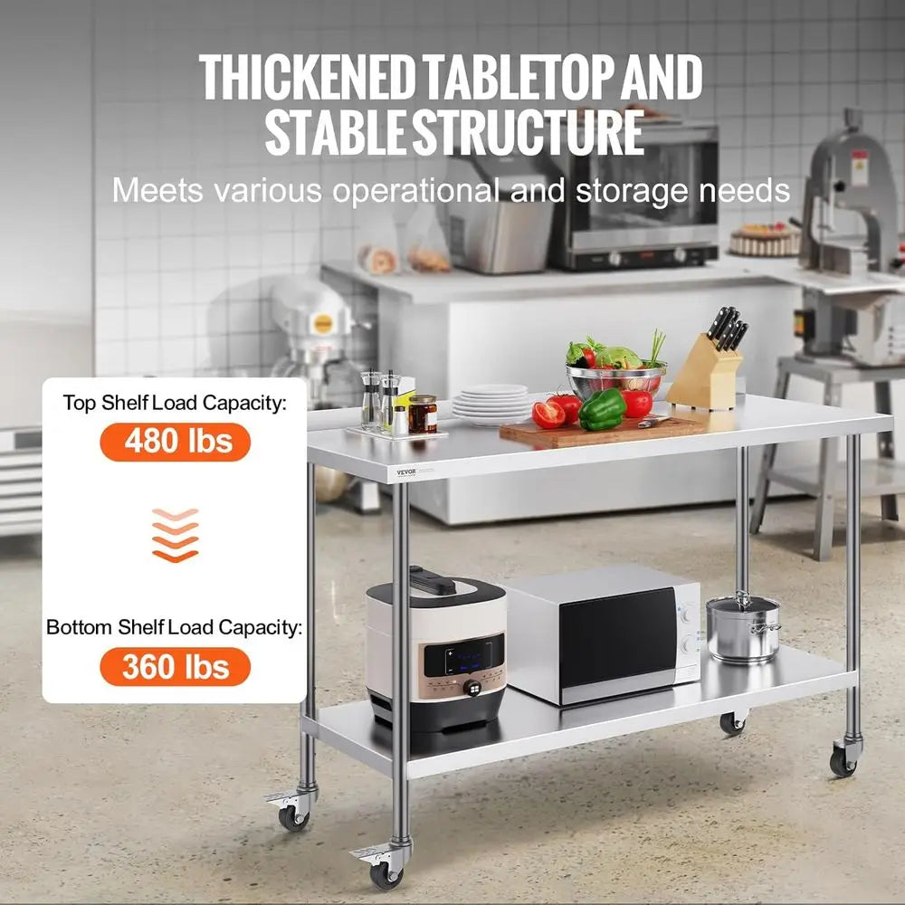 Heavy-Duty Stainless Steel Work Table with Casters, Adjustable Height for Commercial Food Prep and Home Use
