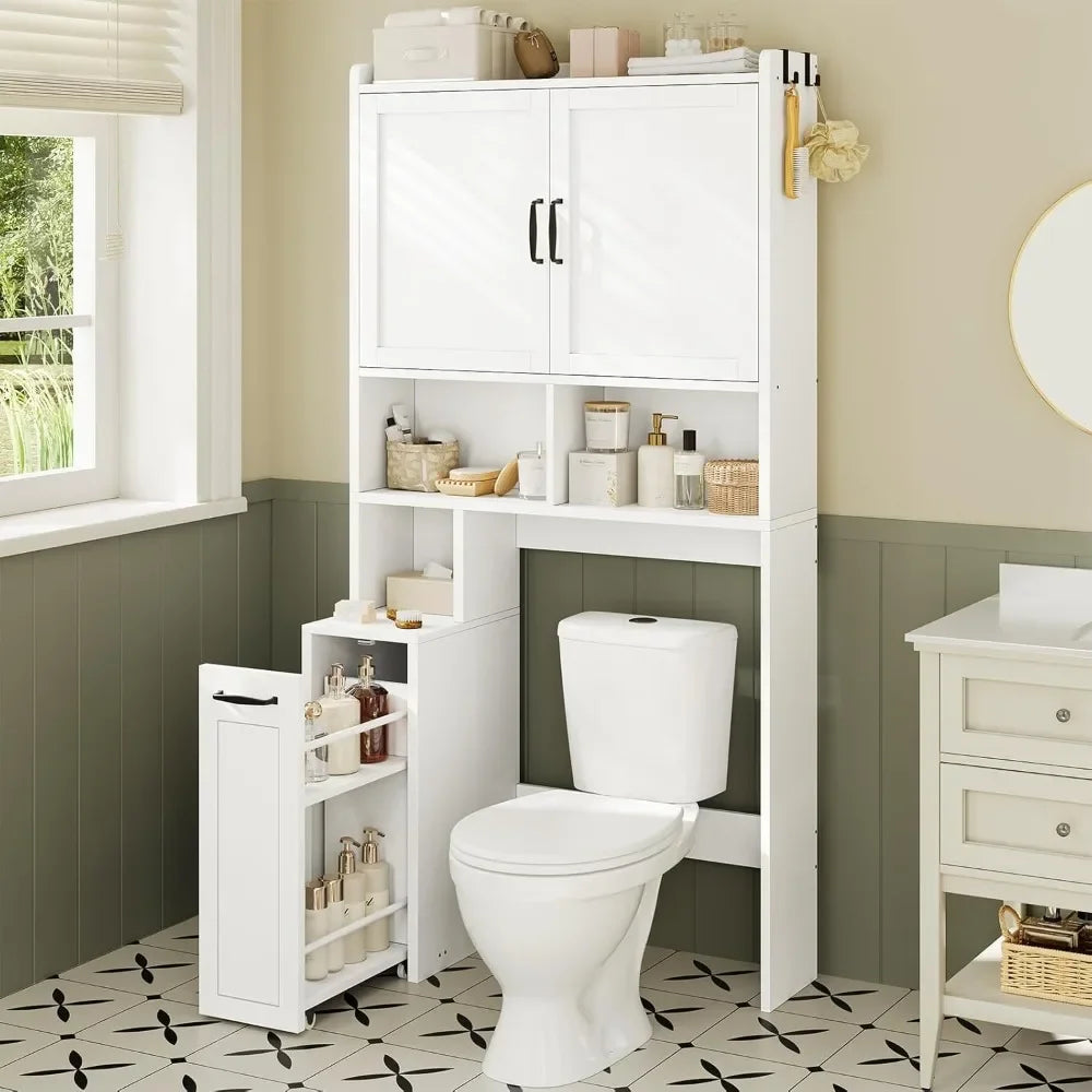 Storage Cabinet Above The Bathroom with Pulley, Small Bathroom Storage Cabinet with Adjustable Shelf and Open Bathtub Shelf
