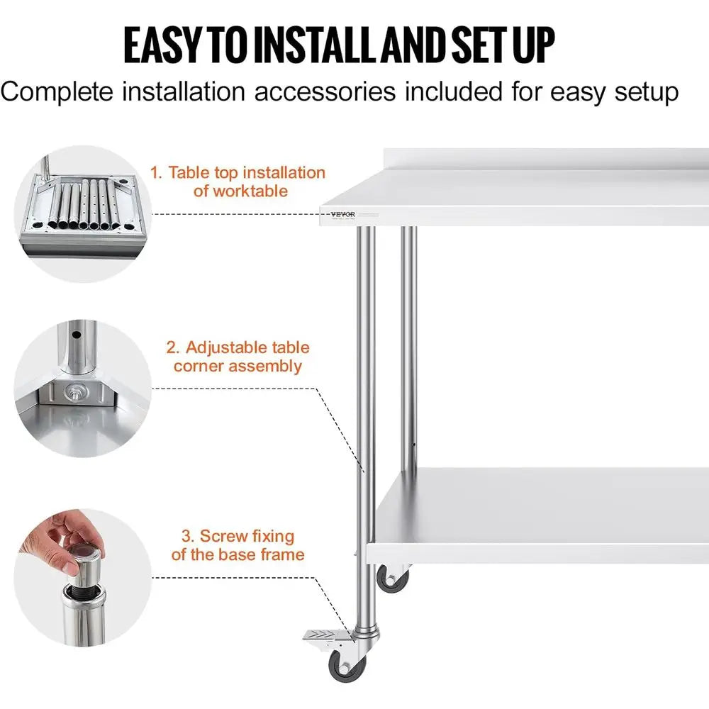 Heavy-Duty Stainless Steel Work Table with Casters, Adjustable Height for Commercial Food Prep and Home Use