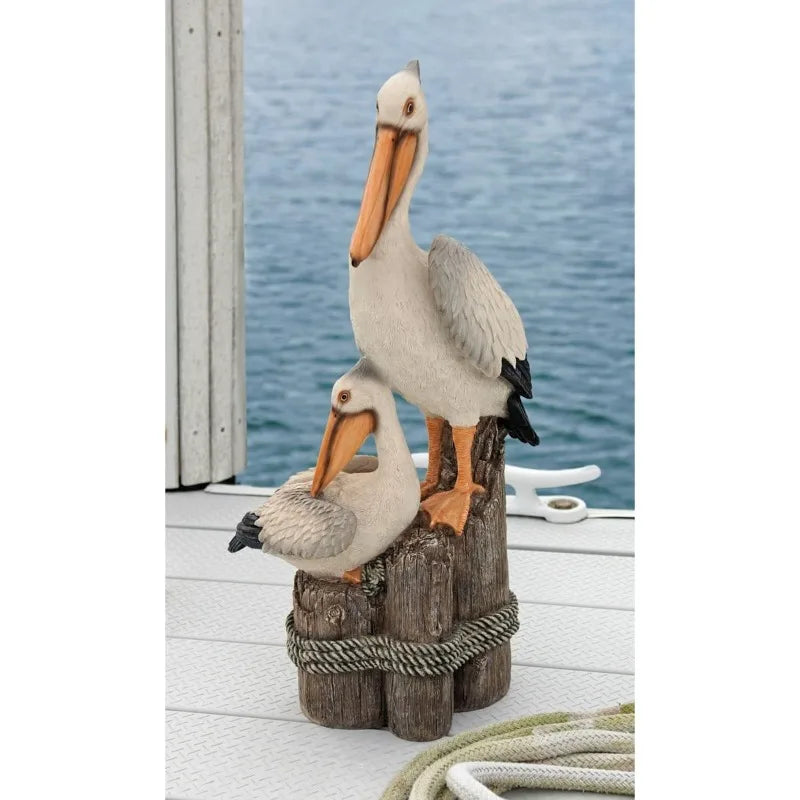 Coastal Decor Ocean's Perch Pelicans Garden Bird Statue, 9 Inch Wide, 24 Inch Tall, Cast Stone Resin, Full Color