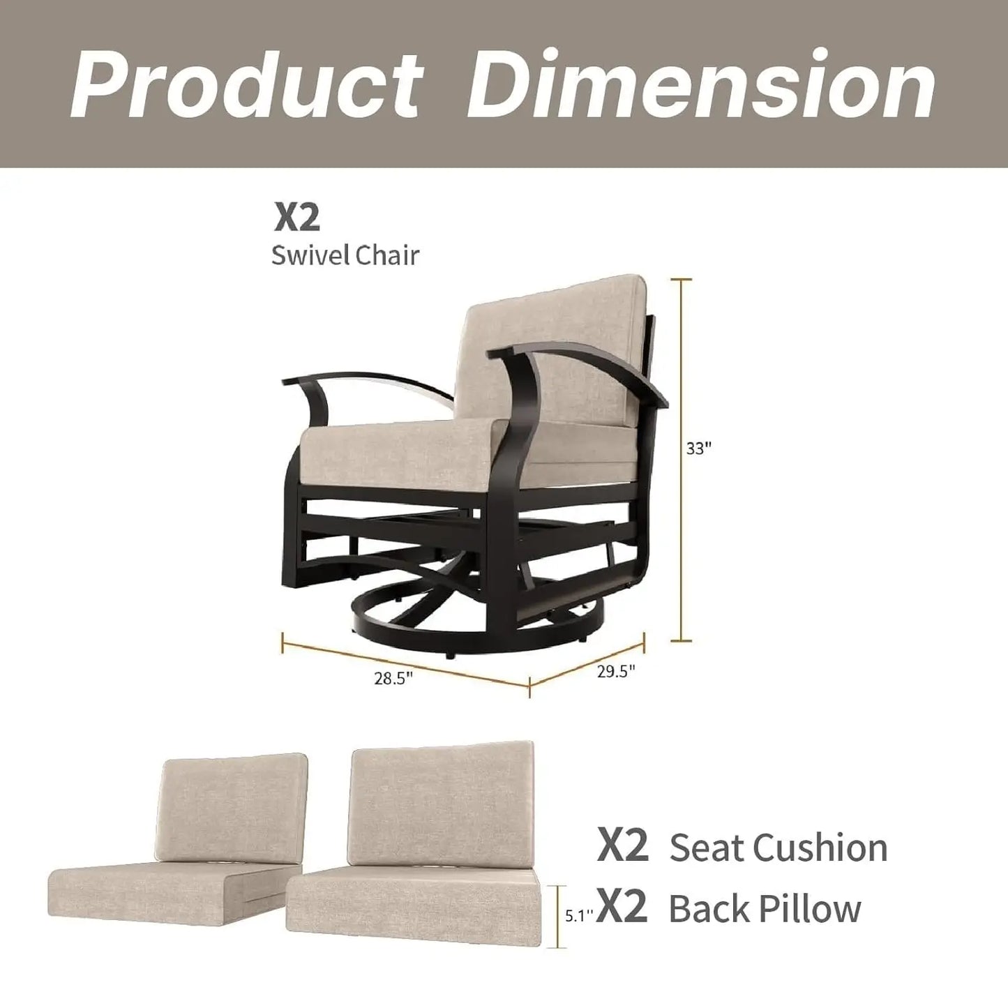 Metal Patio Swivel Chair Set 2pc High-Resilience Cushions Removable Back Pillow Backyard Lawn Porch Custom