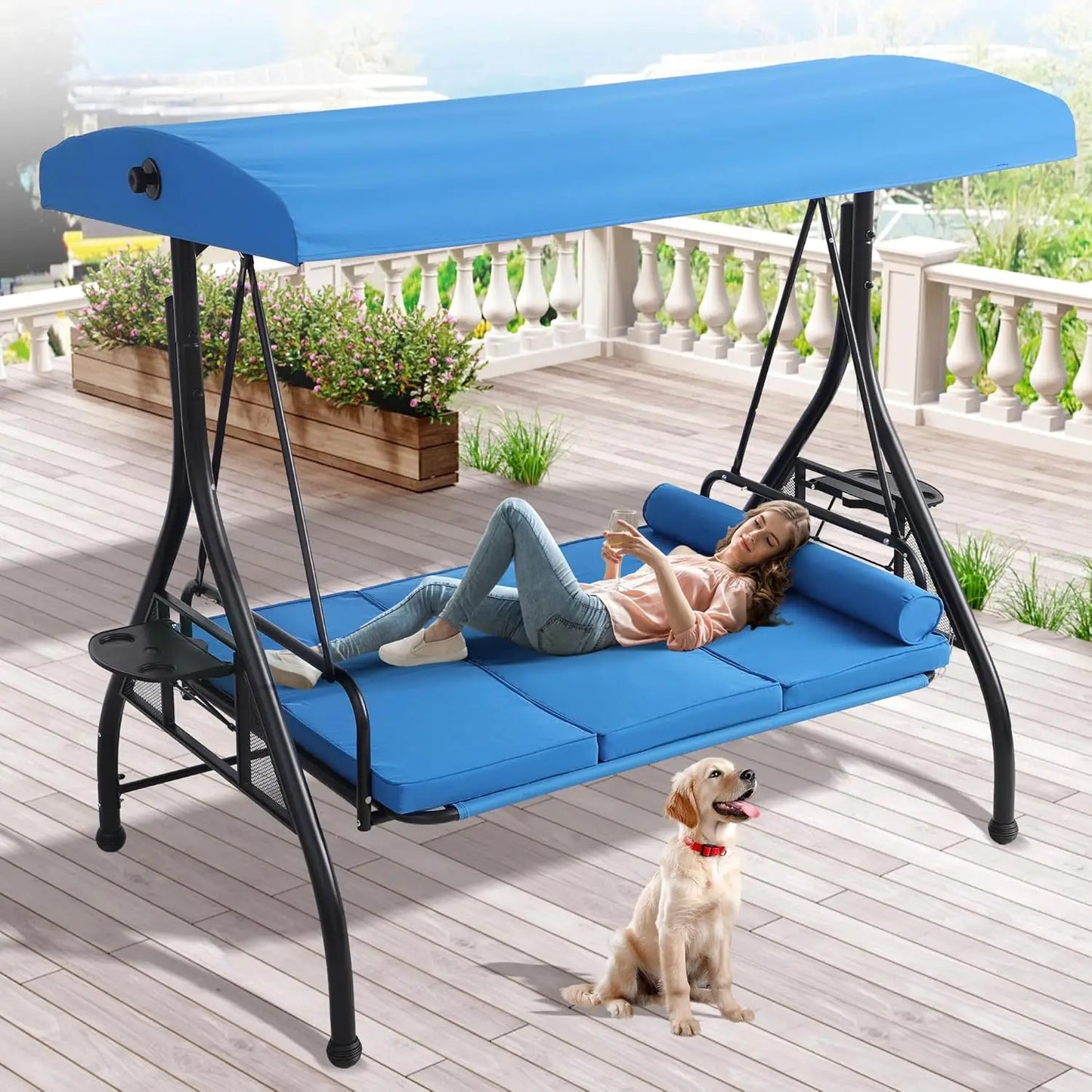 Outdoor Porch Swing with Canopy and Stand, 3 Person Patio Swing for Adults, Convertible 2 in 1 Porch Bed Swing , Customized