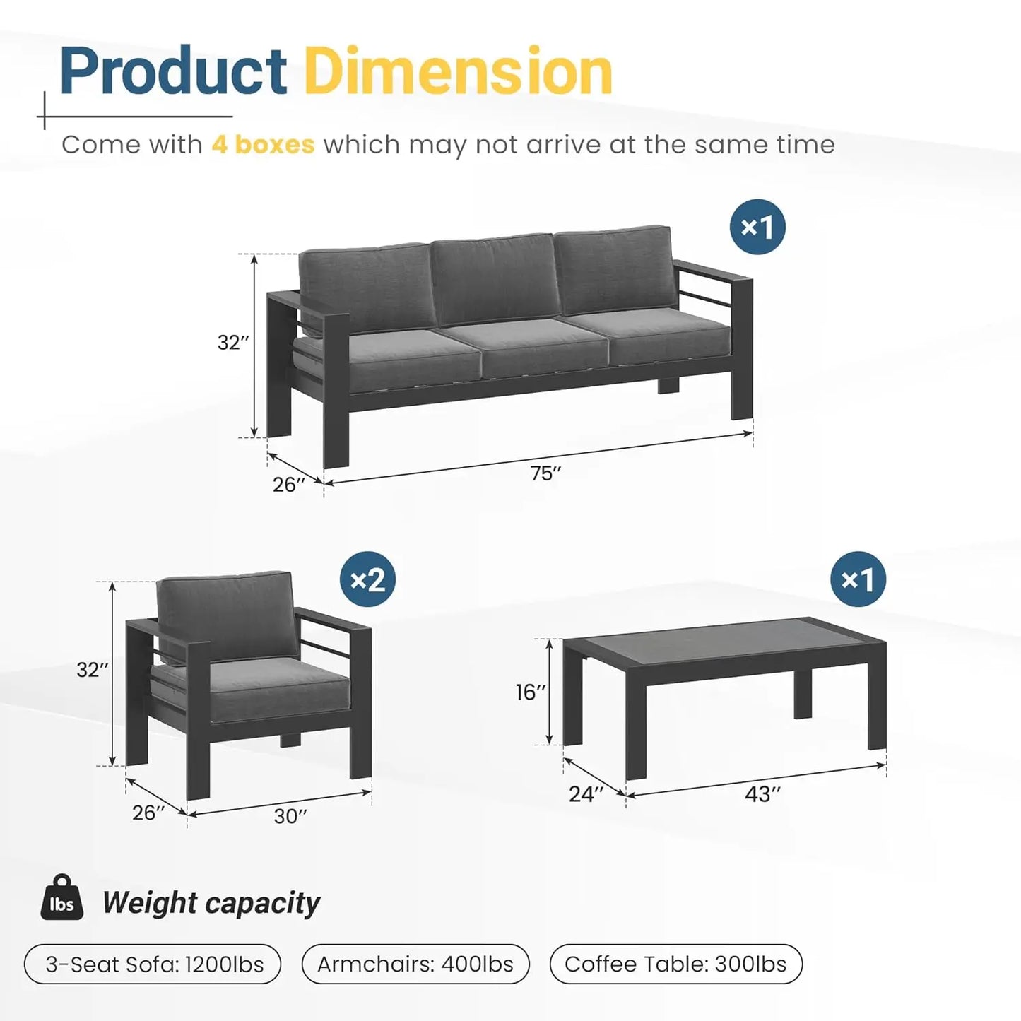 Aluminum Patio Furniture Set for All Weather, Oversized Metal Outdoor Furniture Set with 27.5" Deep Seat and 10", Customized