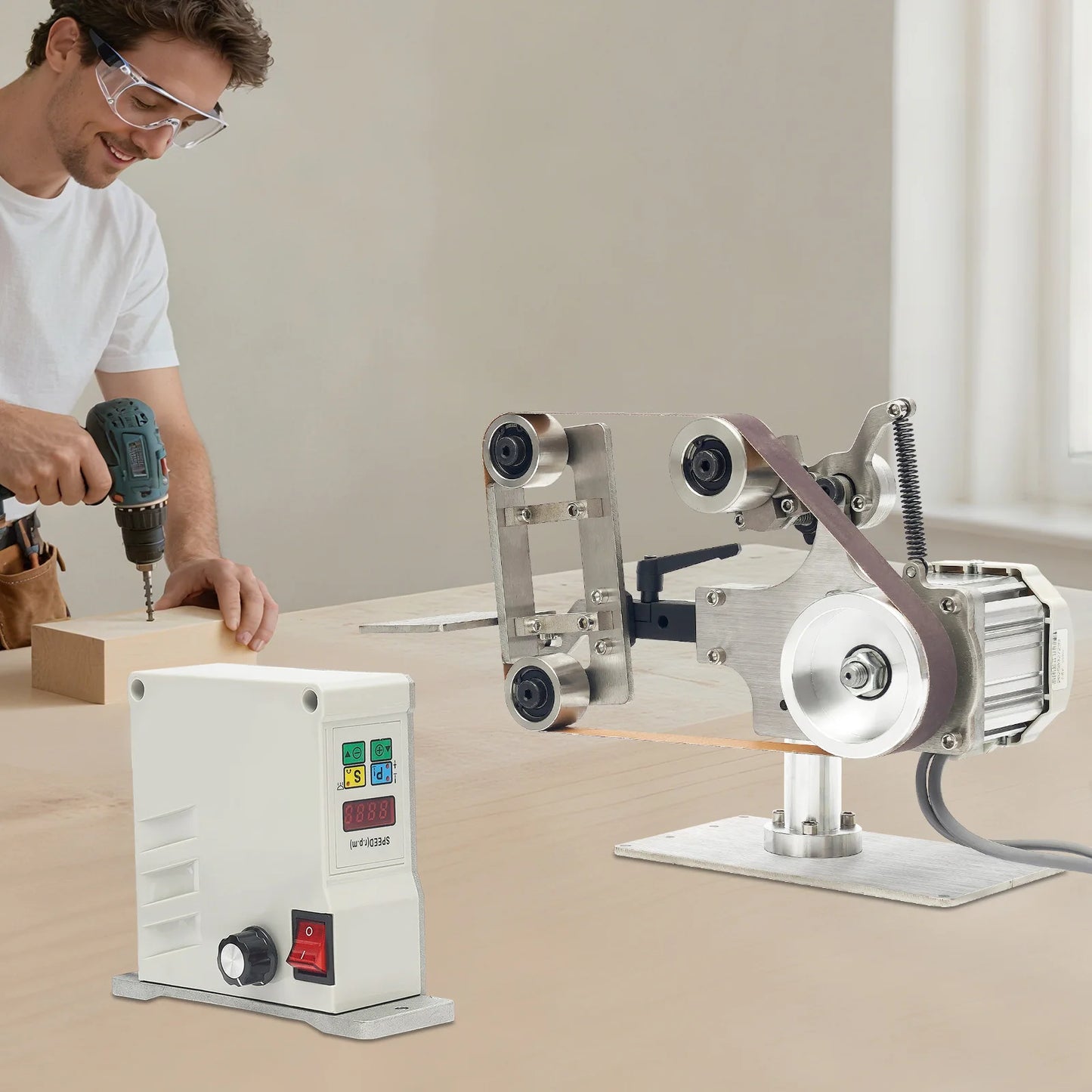 550W Desktop Belt Sander DIY Polishing Grinding Machine 5000rpm Abrasive Belt Machine for Metal Processing/Jewelry Making